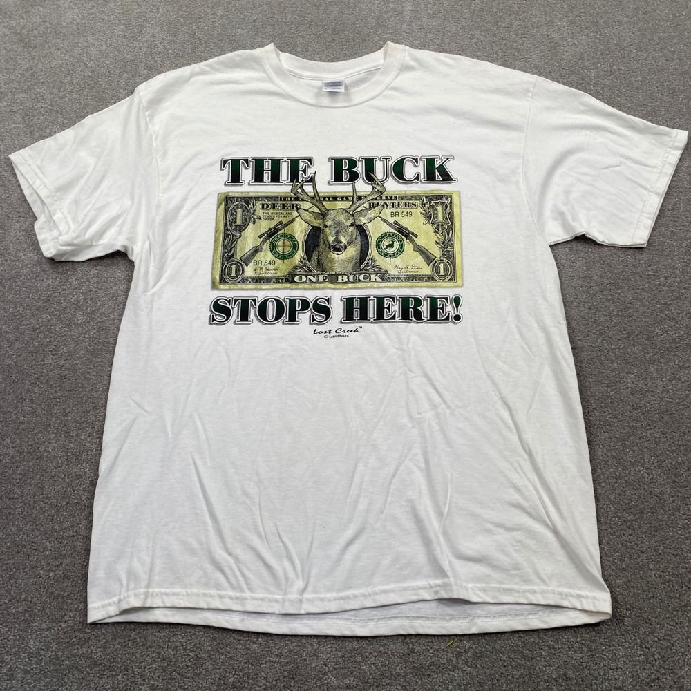 Lost Creek Outfitters T-Shirt Mens XL White The Buck Stops Here Hunting Graphic